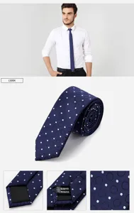 Men's navy blue narrow tie with stylish light blue dot pattern, perfect for business daily wear.