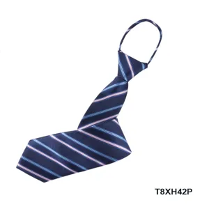 Detail view of men's navy blue striped zipper tie, easy wear polyester necktie for suits.