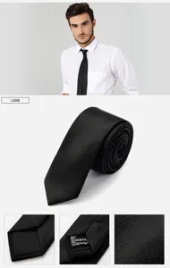 Men's black striped narrow necktie fashion business casual suit tie with detailed close-ups
