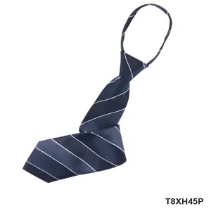Detail view of the navy blue striped zipper necktie showing fabric texture and stripes.