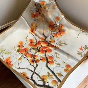 Silk square scarf for women featuring elegant persimmon branch digital print, lightweight and versatile.