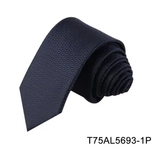 Men's navy blue geometric jacquard tie, elegant silk-like formal business necktie detail.