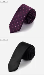 Close-up detail view of stylish 6cm narrow men's ties in purple dot and solid black.