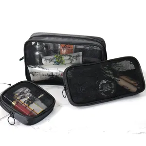 Black mesh cosmetic bag set of 3 clear makeup storage organizer pouches with zipper.