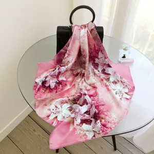 Mulberry silk large square scarf, pink floral print silky soft versatile neck scarf for women