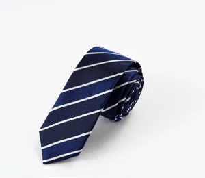 Classica cravatta in seta blu navy con eleganti righe bianche per abbigliamento.