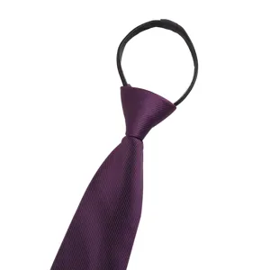 Detail shot of a purple zipper tie for men, featuring an easy-to-use ready-tied design for business.