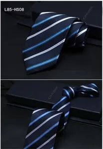 Detail view of a classic mens navy blue silk necktie featuring elegant diagonal stripes.