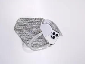 Silver rhinestone evening bag detail view, luxury sparkling clutch purse for women party.