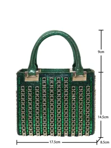 Green rhinestone evening handbag with top handle and sparkling crystal design 17.5cm