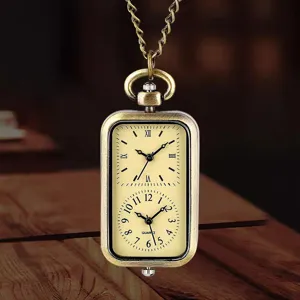 Orologio da tasca al quarzo rettangolare rétro a doppio fuso orario con catena.