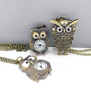 Vintage owl pocket watch necklace bronze alloy retro quartz pendant gifts for men and women