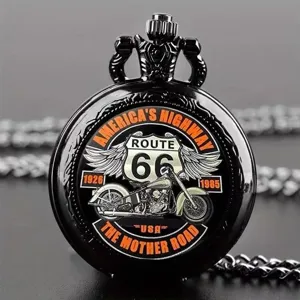 Vintage black quartz pocket watch with Route 66 motorcycle design for men necklace jewelry