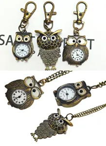 Vintage bronze owl pocket watch quartz necklace keychain unique retro gift for women