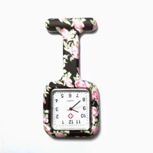 Floral silicone nurse watch with quartz movement, square dial and pocket fob clip design.