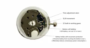 Quartz watch movement detail showing precise internal gear structure and button cell battery.