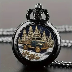 Vintage black pocket watch with carved winter truck design and matching chain detail shot.