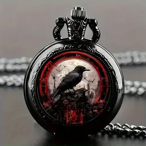 Gothic raven pocket watch quartz vintage black metal necklace pendant watch detail design.