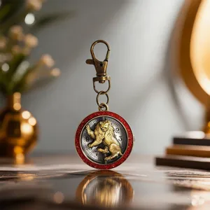 Detailed view of vintage lion pocket watch keychain with red glitter bezel and bronze clip.