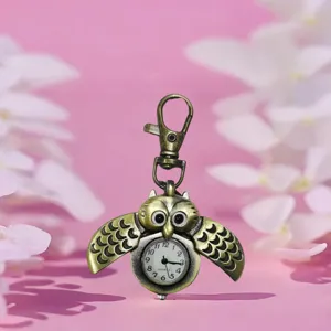 Vintage bronze owl pocket watch with keychain clip, cute quartz hanging nurse watch for students.