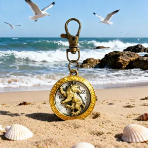 Vintage bronze pocket watch keychain with animal relief dial, mini quartz watch for daily carry.