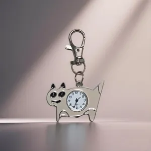 Primo piano dettaglio del simpatico portachiavi gatto in metallo con orologio al quarzo quadrante.