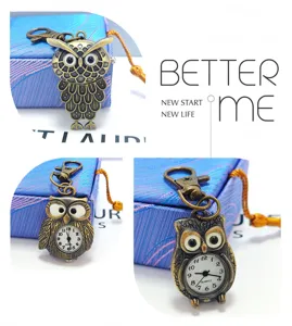 Vintage bronze owl pocket watch keychain quartz clock unique retro gift accessory for men women