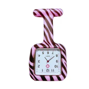 Silicone nurse fob watch with pink brown zebra print pattern, square quartz pocket watch.