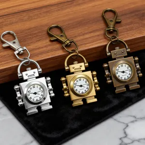 Vintage robot pocket watch keychain quartz clock bronze silver pendant accessory gift