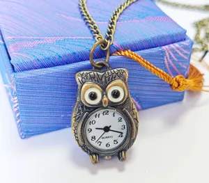 Vintage bronze owl pocket watch necklace, retro quartz hanging watch for men and women gift.