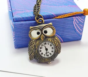 Vintage owl pendant pocket watch with bronze chain, unique creative gift for men and women.