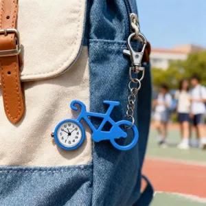 Gedetailleerd uitzicht van een blauwe fiets vorm sleutelhanger quartz zakhorloge op rugzak.