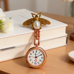 Vintage bee quartz nurse pocket watch with pearl pendant, elegant medical fob watch for students.