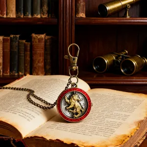 Vintage brass pocket watch keychain with red crystal bezel and wolf motif, close-up detail.