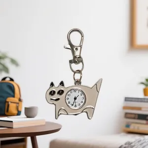 Simpatico orologio da tasca a forma di gatto portachiavi ciondolo in metallo al quarzo.