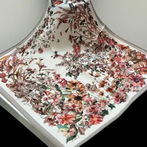 Silk scarf detail showcasing vintage floral botanical wheat and insect print luxury style square wrap