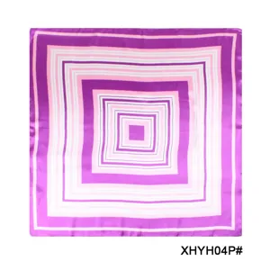 Geometric printed women square silk scarf detail view featuring a purple concentric pattern.