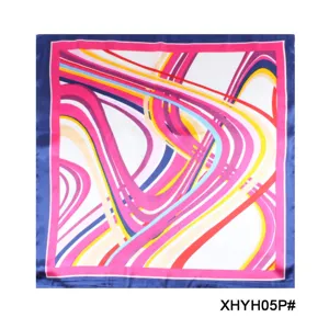 Detailed view of women's fashionable printed silk square scarf, abstract wave pattern.