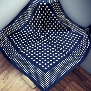 Navy blue polka dot silk scarf, elegant women's square neck scarf for spring and autumn decor.