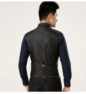 Men's slim fit suit vest back detail view, formal business waistcoat with adjustable back strap.