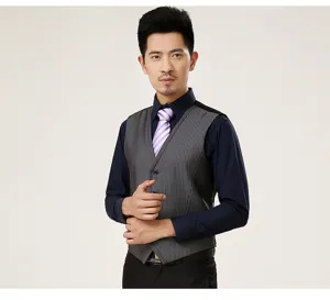 Men's formal slim fit striped suit vest detail view, classic business vest for men.