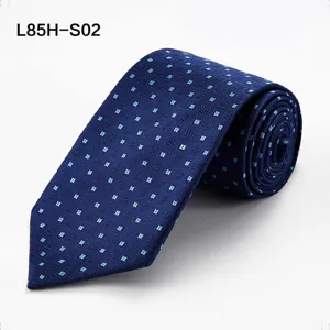 Classic dark blue geometric pattern silk tie for men, elegant business accessory.