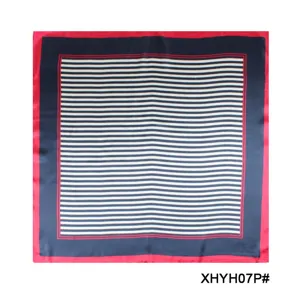Details of the stylish women square silk scarf with classic navy white stripes and red border.