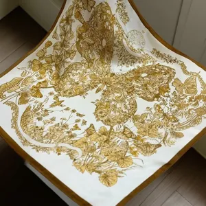 Luxury silk square scarf with elegant botanical butterfly print, premium fashion accessory for women.