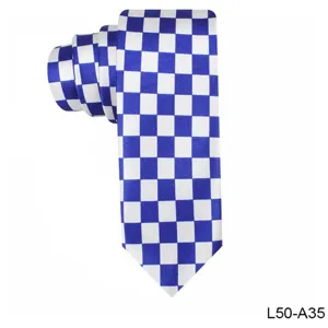 Detailed view of the blue white checkered slim tie, showing fine geometric pattern.