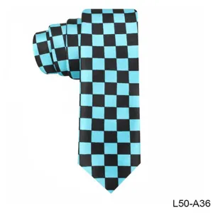 Close-up detail of a stylish men's cyan and black checkered pattern narrow necktie fabric.