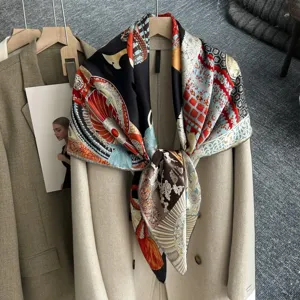 Luxurious silk scarf featuring vibrant vintage print. Elegant neck accessory and chic shawl.