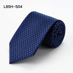 Men's silk business tie in dark blue featuring elegant white and light blue dashed patterns.