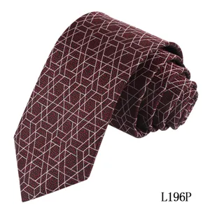 Detailed shot of a dark red men's necktie featuring an intricate white geometric line pattern.