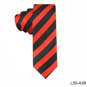 Detailed view of men's red and black striped narrow tie made from polyester silk fabric.
